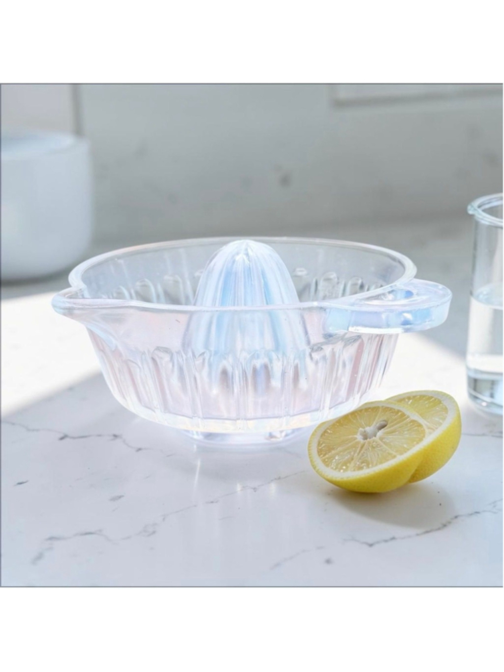 Vintage Opalescent Glass Citrus Juicer Reamer Bowl w Handle & Spout Ribbed Depre